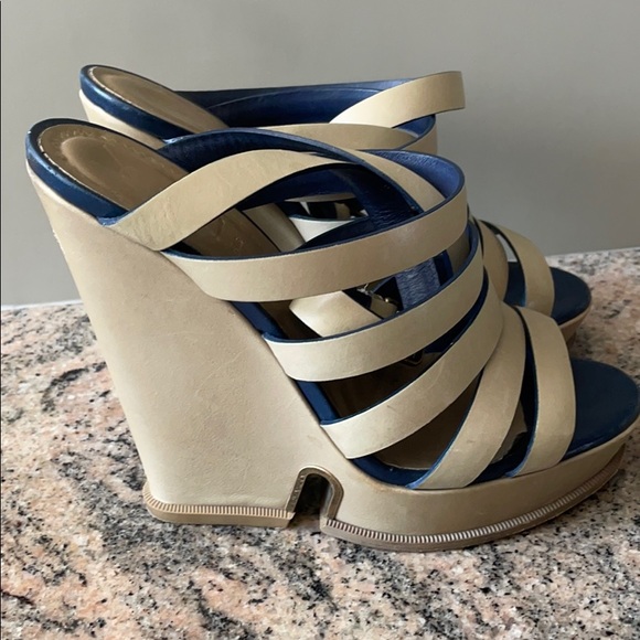 Yves Saint Laurent Shoes - Yves Saint Laurent Leather Strait Wedge Sandals